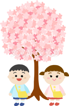 桜の下にいる幼稚園の制服に黄色いカバンの子供イラスト無料(フリー)83552