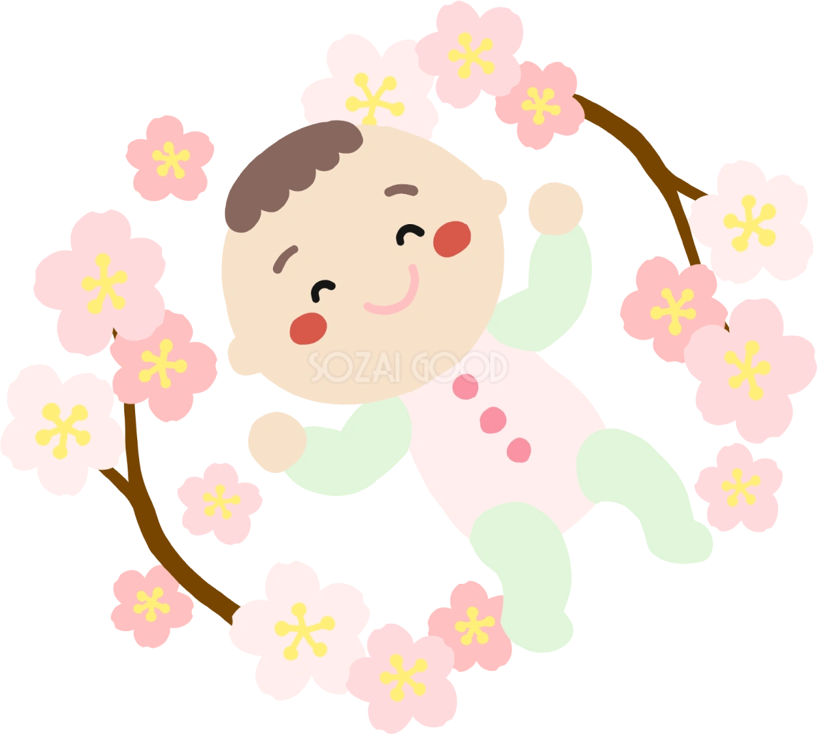 桜の木に囲まれた赤ちゃんイラスト無料(フリー)83554