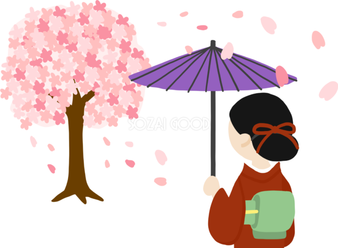 桜の木を花見する和傘をさす着物後ろ姿の美人女性イラスト無料 フリー 555 素材good
