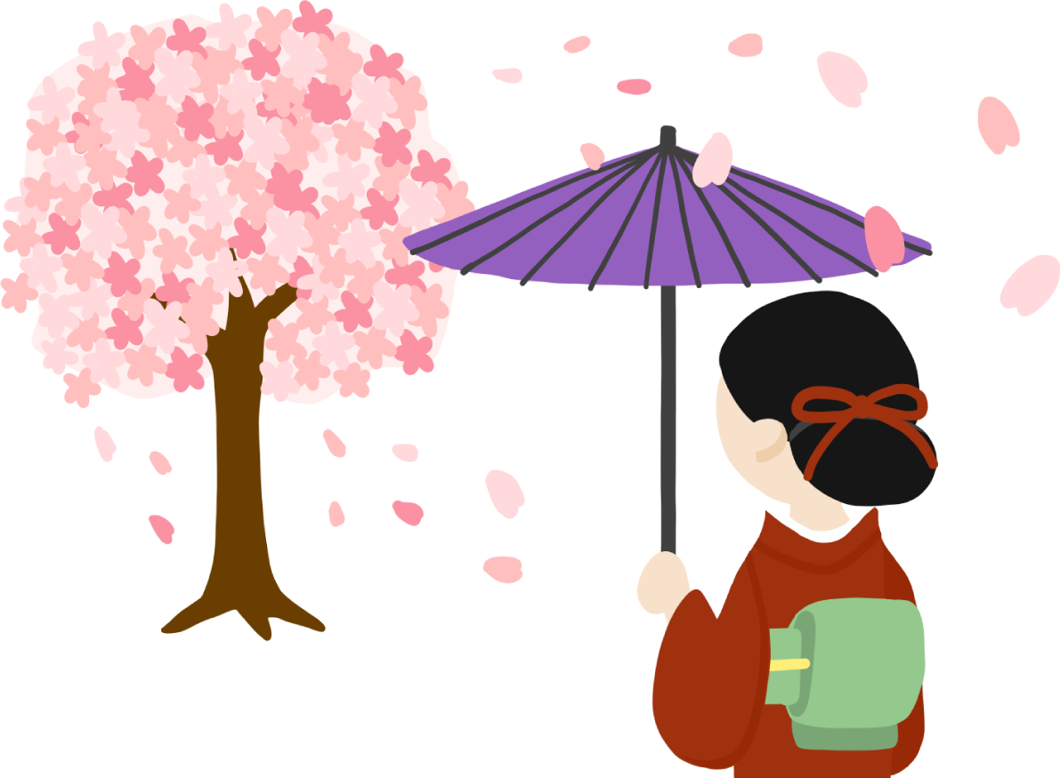 桜の木を花見する和傘をさす着物後ろ姿の美人女性イラスト無料(フリー)83555に写真・文字を入れる