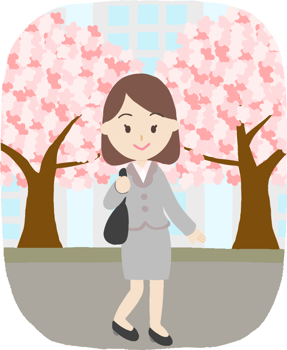 桜を背景に会社に出勤する女性新入社員イラスト無料(フリー)83558に写真・文字を入れる