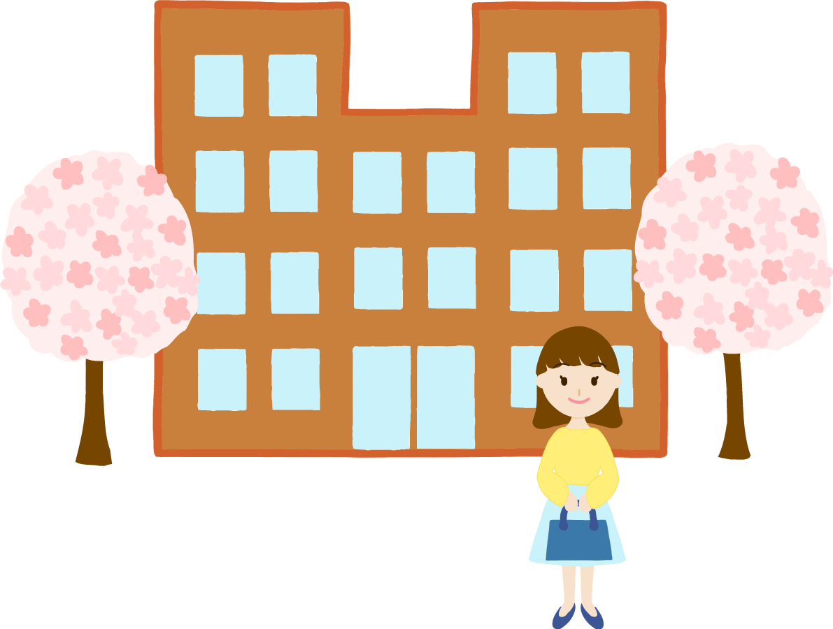 桜を背景に大学生(女)が進学し入学するイラスト無料(フリー)83564に写真・文字を入れる