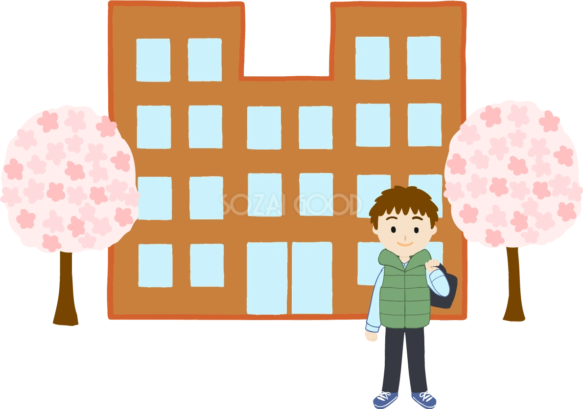 桜を背景に大学生(男)が進学し入学するイラスト無料(フリー)83565