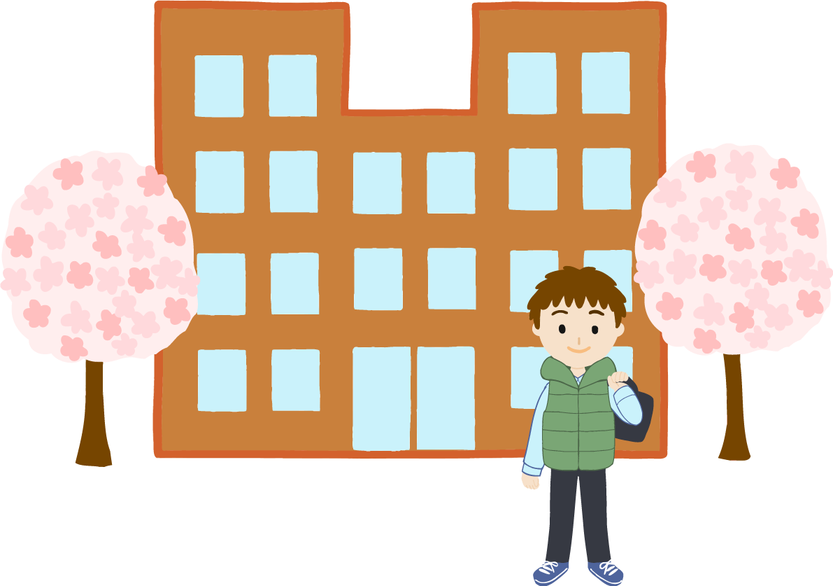 桜を背景に大学生(男)が進学し入学するイラスト無料(フリー)83565に写真・文字を入れる