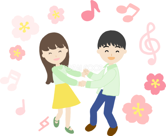 桜を背景に男性と女性が楽しく踊るイラスト無料(フリー)83567 | 素材Good