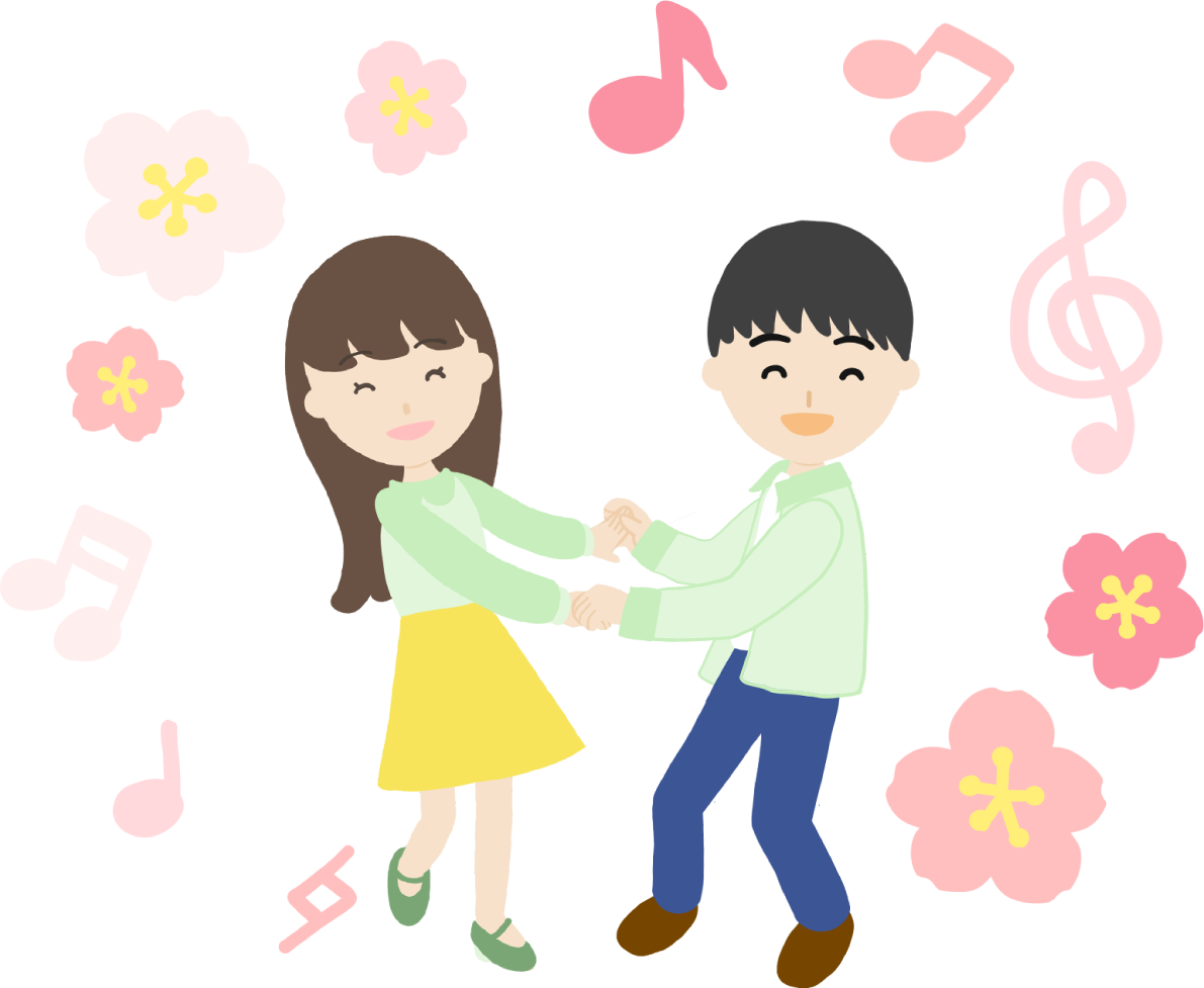桜を背景に男性と女性が楽しく踊るイラスト無料(フリー)83567に写真・文字を入れる