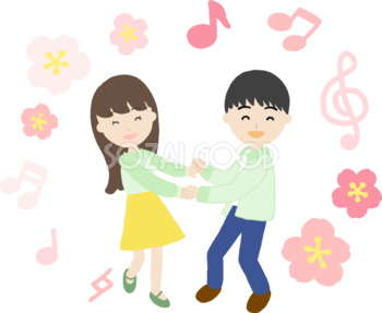 桜を背景に男性と女性が楽しく踊るイラスト無料(フリー)83567