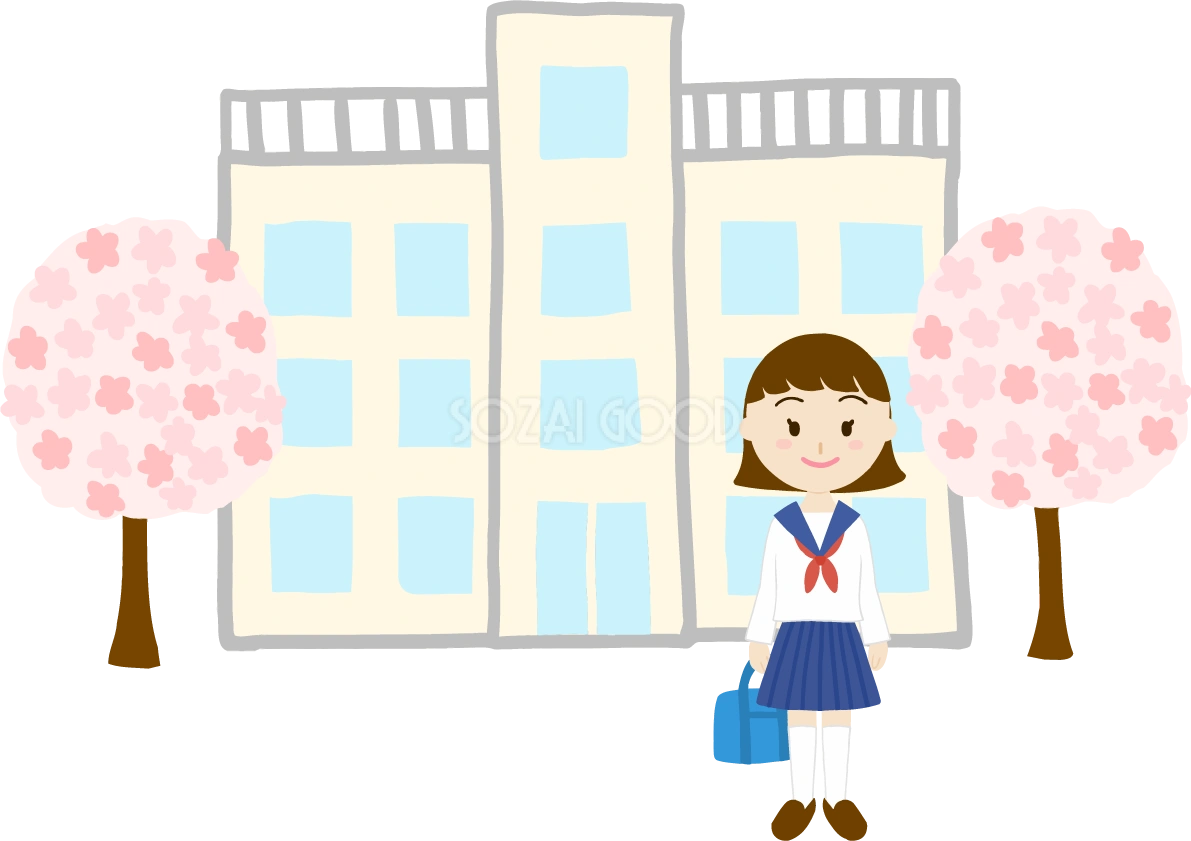 桜を背景に中高学生女の子が進学し入学するイラスト無料(フリー)83568