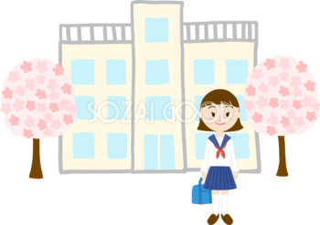 桜を背景に中高学生女の子が進学し入学するイラスト無料(フリー)83568
