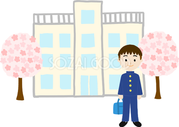 桜を背景に中高学生男の子が進学し入学するイラスト無料(フリー)83569
