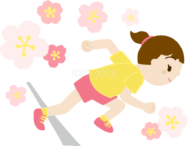 桜を背景に女の子がクラウチングスタートで走り出すイラスト無料 フリー 83570 素材good
