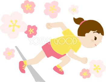 桜を背景に女の子がクラウチングスタートで走り出すイラスト無料(フリー)83570