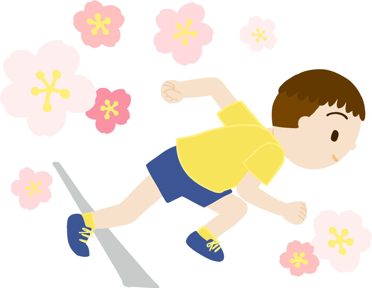 桜を背景に男の子がクラウチングスタートで走り出すイラスト無料(フリー)83571に写真・文字を入れる