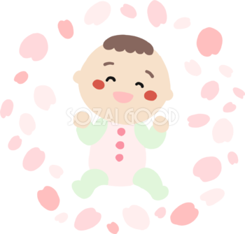 桜吹雪に囲まれた赤ちゃんイラスト無料(フリー)83572