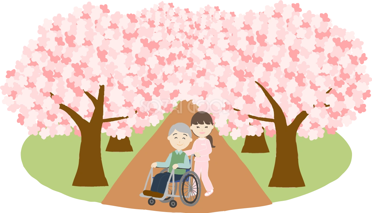 桜並木の下で介護師や看護師が車椅子に老人と花見するイラスト無料(フリー)83573
