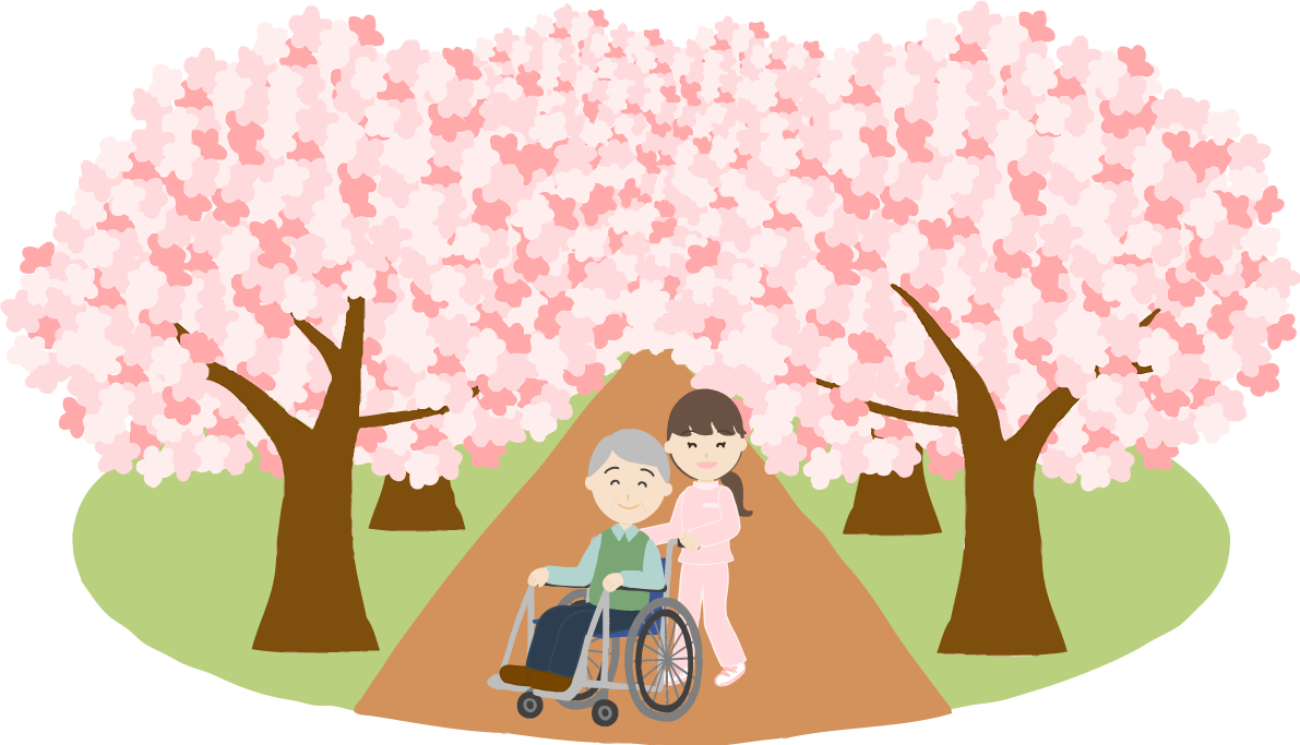 桜並木の下で介護師や看護師が車椅子に老人と花見するイラスト無料(フリー)83573に写真・文字を入れる
