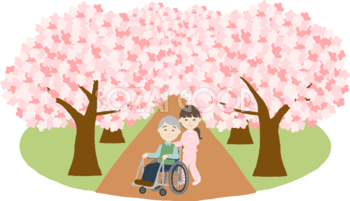 桜並木の下で介護師や看護師が車椅子に老人と花見するイラスト無料(フリー)83573