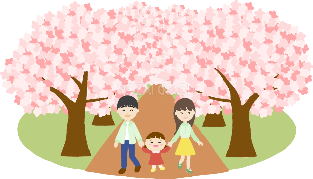 桜並木を家族と一緒に花見するイラスト無料(フリー)83574