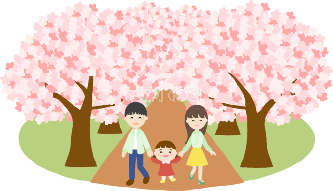 桜並木を家族と一緒に花見するイラスト無料 フリー 574 素材good