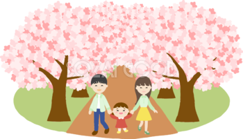 桜並木を家族と一緒に花見するイラスト無料(フリー)83574