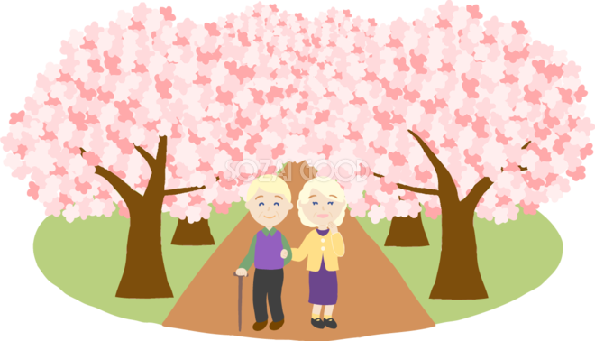 桜並木を外国人 金髪 の高齢者夫婦が花見するイラスト無料 フリー 575 素材good