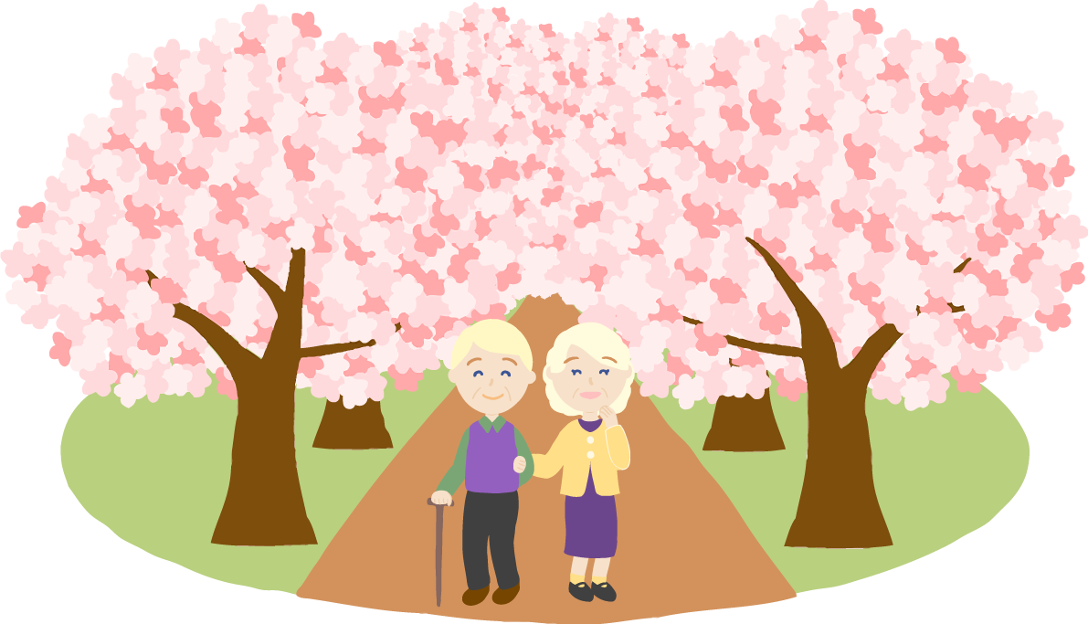 桜並木を外国人(金髪)の高齢者夫婦が花見するイラスト無料(フリー)83575に写真・文字を入れる