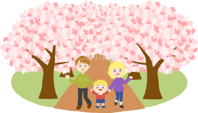 桜並木を外国人 金髪 家族と一緒に花見するイラスト無料 フリー 576 素材good