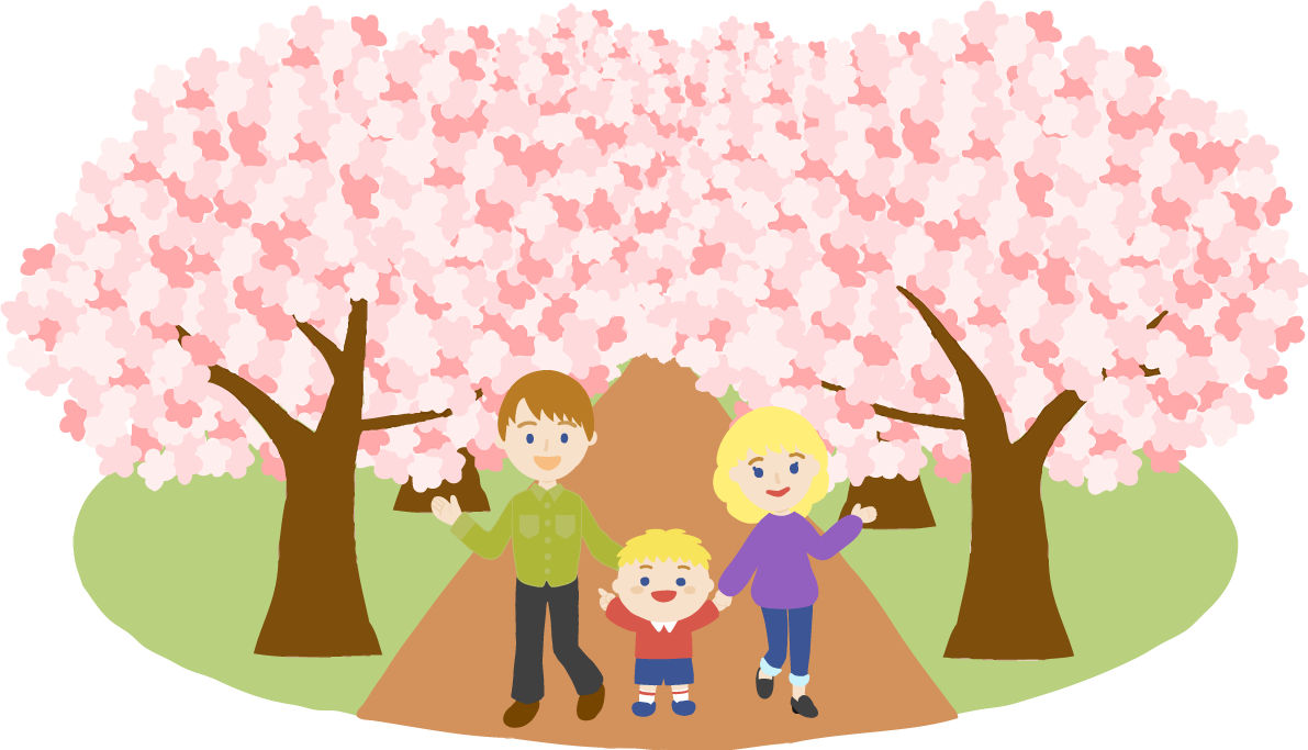 桜並木を外国人(金髪)家族と一緒に花見するイラスト無料(フリー)83576に写真・文字を入れる