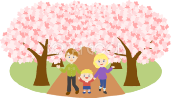 桜並木を外国人(金髪)家族と一緒に花見するイラスト無料(フリー)83576