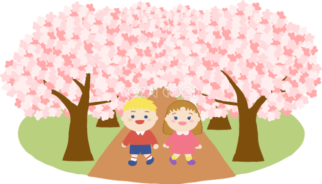 桜並木を外国人 金髪 男の子と女の子が花見するイラスト無料 フリー 577 素材good