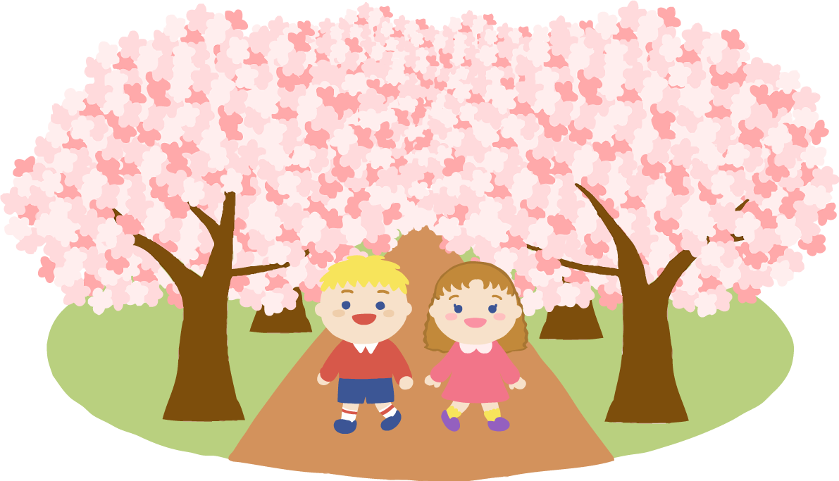 桜並木を外国人(金髪)男の子と女の子が花見するイラスト無料(フリー)83577に写真・文字を入れる