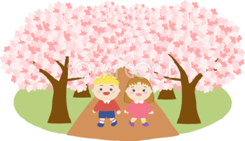桜並木を外国人 金髪 男の子と女の子が花見するイラスト無料 フリー 577 素材good