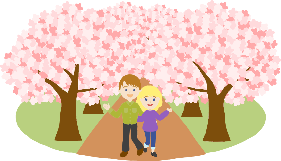 桜並木を外国人(金髪)恋人(カップル)が花見するイラスト無料(フリー)83578に写真・文字を入れる