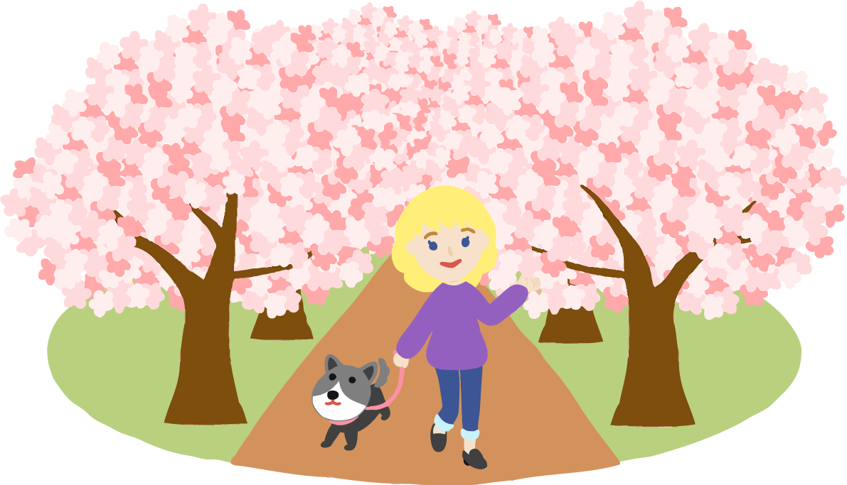 桜並木で犬を散歩する外国人(金髪)女性が桜を花見するイラスト無料(フリー)83579に写真・文字を入れる
