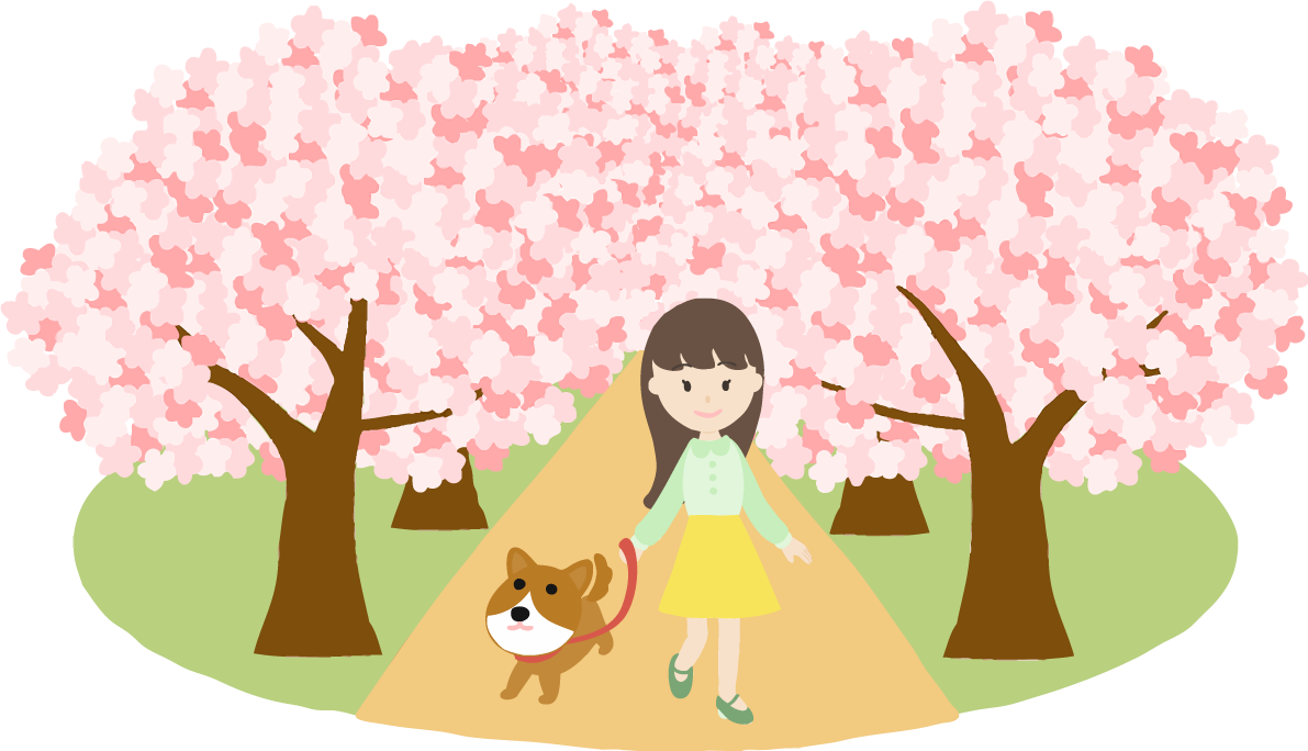 桜並木で犬を散歩する女性が花見するイラスト無料(フリー)83580に写真・文字を入れる