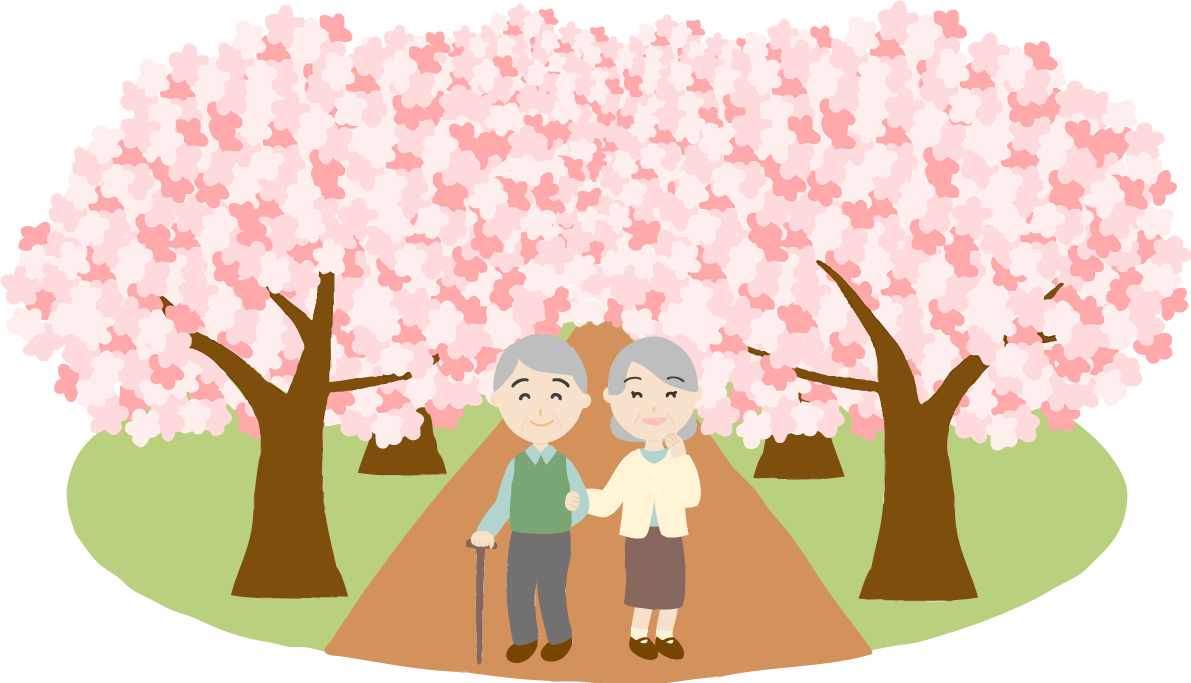 桜並木を高齢者夫婦が花見するイラスト無料(フリー)83581に写真・文字を入れる