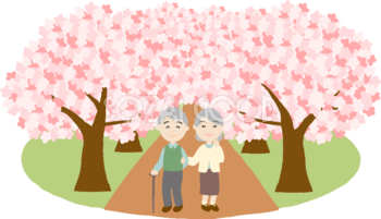 桜並木を高齢者夫婦が花見するイラスト無料(フリー)83581
