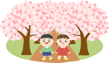 桜並木を男の子と女の子が花見するイラスト無料(フリー)83582