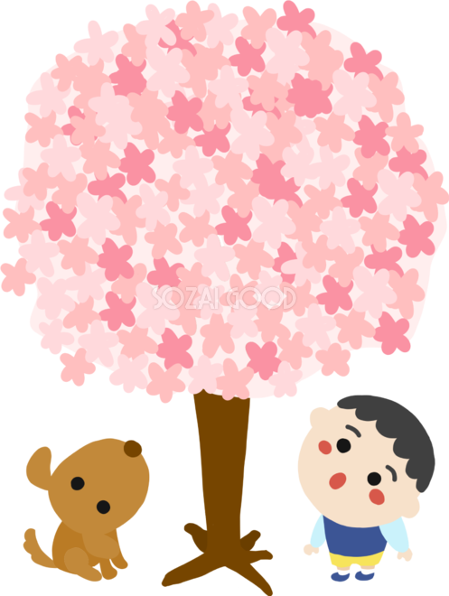 小さい子供と犬が桜の木を見上げて花見するイラスト無料 フリー 83584