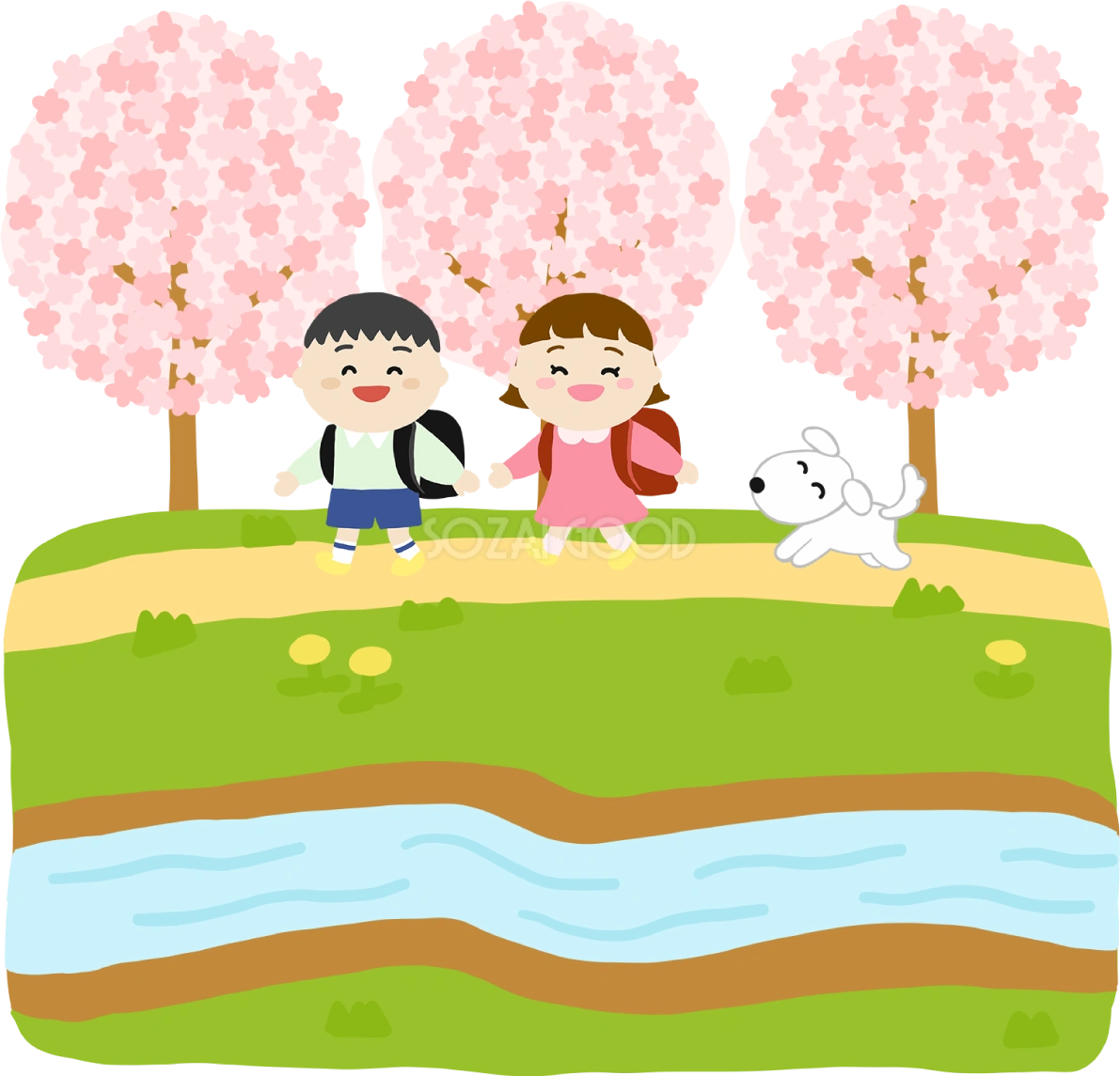 小学校の新入生の男の子と女の子の歩き桜イラスト無料(フリー)83585