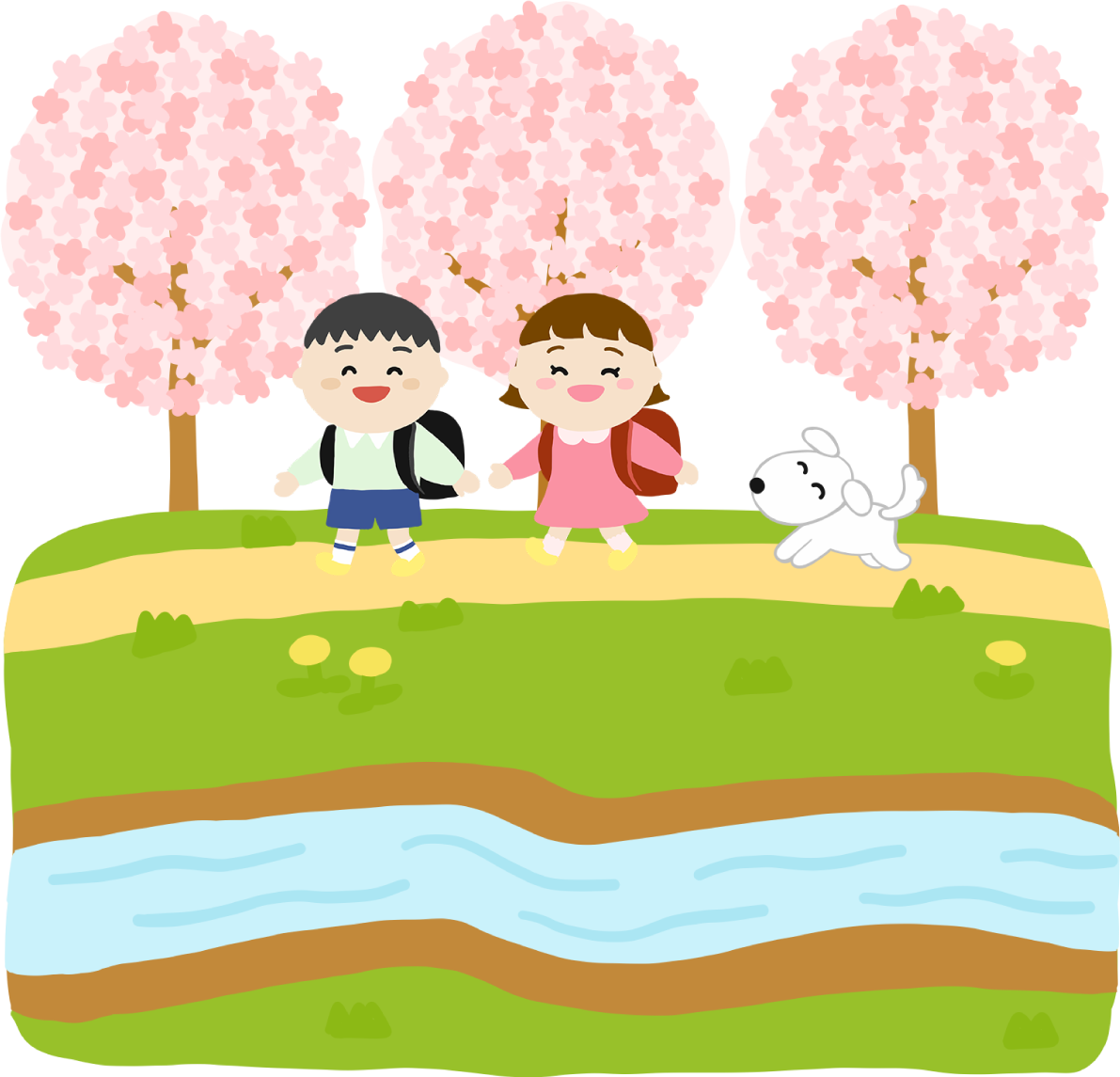小学校の新入生の男の子と女の子の歩き桜イラスト無料(フリー)83585に写真・文字を入れる
