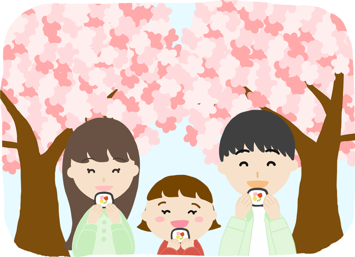 満開の桜の木の下で花見する家族がお寿司を食べるイラスト無料(フリー)83587に写真・文字を入れる