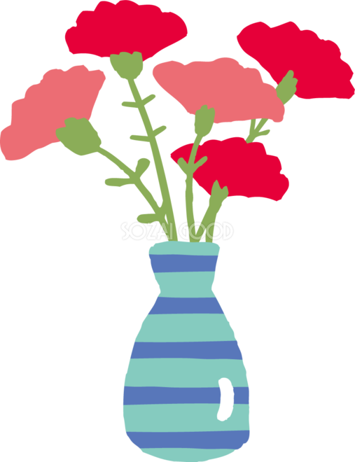 ストライプの花瓶に生けた赤とピンクのかわいいカーネーションイラスト
