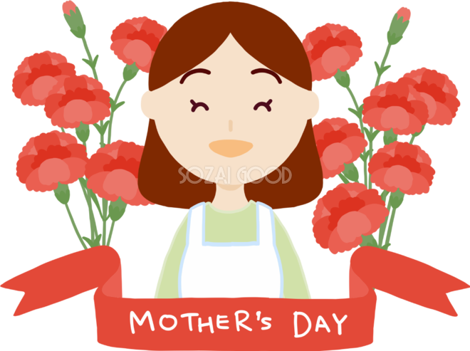 カーネーションの花束とお母さんと赤いリボン帯の母の日タイトル無料フリーイラスト6 素材good