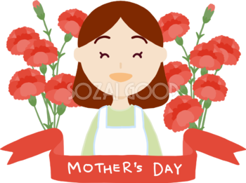 カーネーションの花束とお母さんと赤いリボン帯の母の日タイトル無料フリーイラスト83689