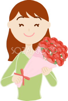 母の日「お母さん30歳代」カーネーション花束を持つフリー無料イラスト83690