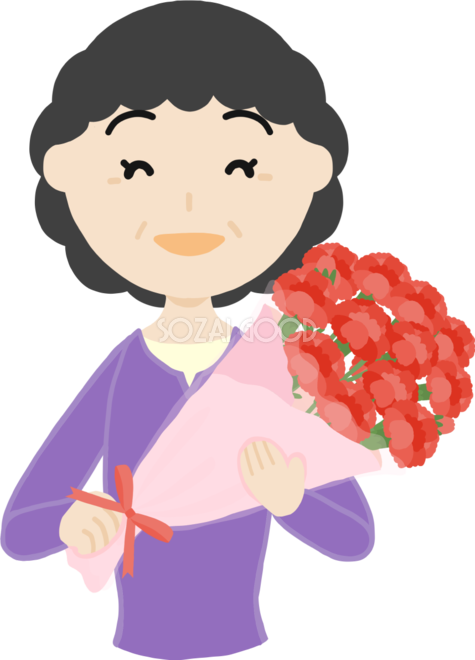 母の日 お母さん高齢者60代 カーネーション花束を持つフリー無料