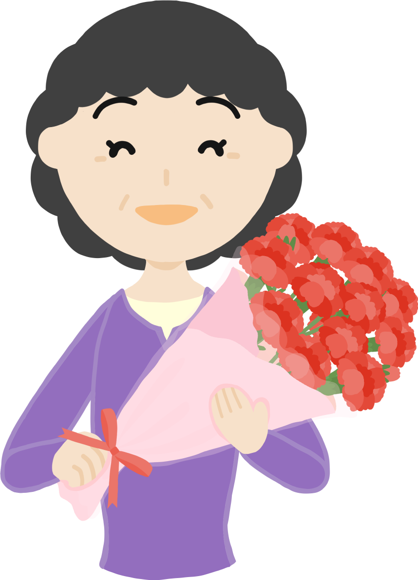 母の日「お母さん高齢者60代」カーネーション花束を持つフリー無料イラスト83691に写真・文字を入れる
