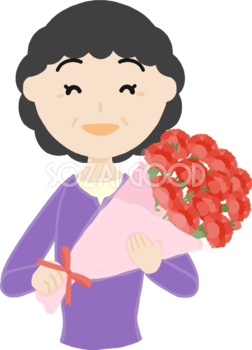 母の日「お母さん高齢者60代」カーネーション花束を持つフリー無料イラスト83691