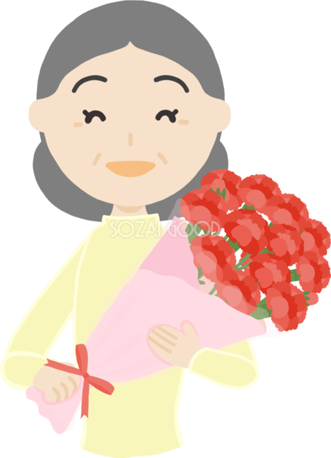 母の日 お母さん高齢者70歳代 カーネーション花束を持つフリー無料イラスト692 素材good